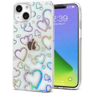 Compatible with iPhone 13 Clear Case Glitter with Holographic Heart Sparkle Design Transparent Cute Soft TPU & Hard PC Shockproof Protective Case for Girls Women