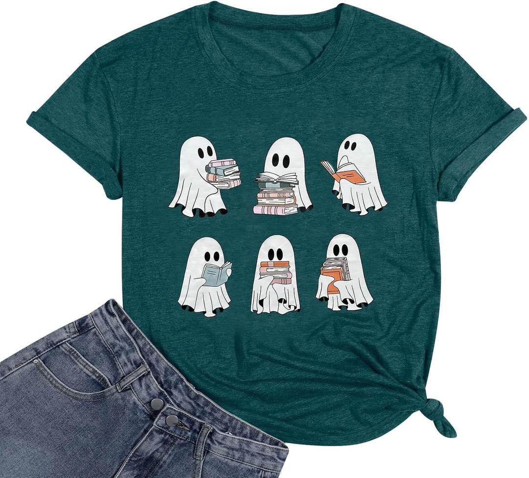 Halloween Teacher Shirts for Women Reading Books T-Shirt Funny Teacher Librarian Halloween Party Tee Tops (S, Dark Green)