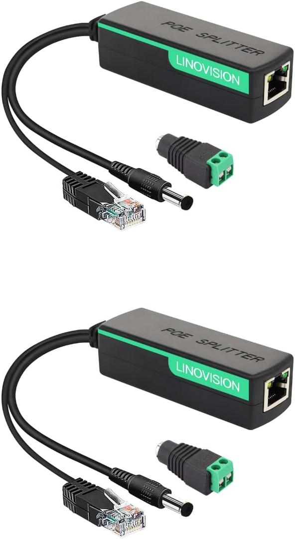 LINOVISION POE Splitter with DC12V 2A Output, 10/100Mbps Power Over Ethernet Splitter, IEEE802.3af/at POE to DC Power Supply for Security Cameras, Speaker, VoIP Phone (2 Pack)