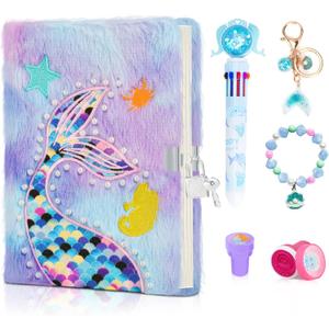 homicozy Mermaid Diary for Girls with Lock and Keys,Tie-Dye Fuzzy Journal for Kids with 160 Lined Pages,Fluffy Secret Notebook for Writing and Drawing,Gifts for Girls Over 3 Years Old, Purple