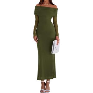 PRETTYGARDEN Fall Dresses for Women 2026 Elegant Off The Shoulder Long Sleeve Formal Wedding Guest Bodycon Maxi Dress (Army Green)