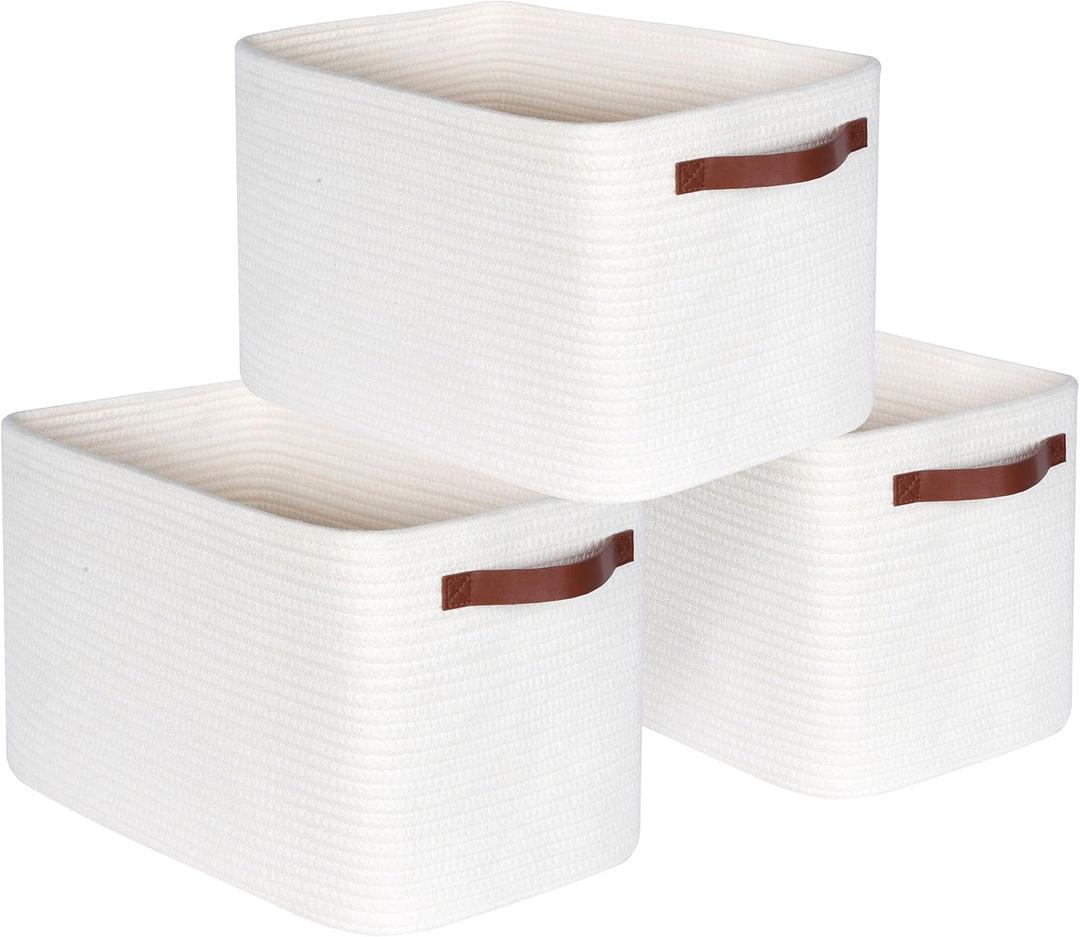 MINTWOOD Design 3-Pack Decorative Woven Storage Baskets for Shelves, Cube Bin Box for Organizing Books, Shoes, Dog Toys, Pantry Closet and Living Room Organizer, Creamy White
