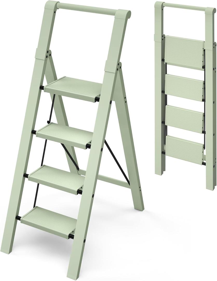 Mayi Plus 4 Step Ladder, Lightweight Folding Step Stool with ConvenientHandgrip, Aluminum 330lbs Capacity Step Ladder forOffice,Household,Kitchen,Library(Green)