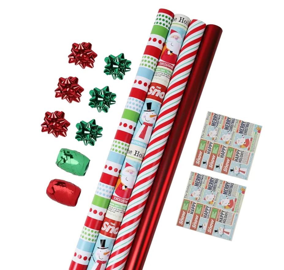 LaRibbons Christmas Wrapping Paper Set, Reindeer & Snowflake Design with Gift Bow & Ribbons & Tags, Perfect for Holiday, Party, Xmas Celebration,30 Inch X 10 Feet (4Rolls, 100 sq.ft.ttl.)