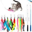 Cat Toys Feather Toy, 2PCS Retractable Wand and 10PCS Replacement Teaser with Bell Refills, Interactive Catcher and Funny Exercise for Kitten.