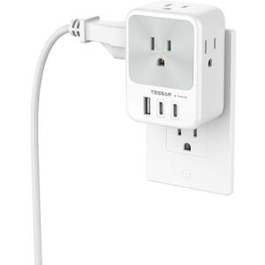 TESSAN Surge Protector Wall Outlet Extender, Multi Plug Outlet Splitter with 3 USB Charging Blocks(2 USB C), Multi Plug Wall Charger for Home, Office, School, College Dorm Essentials, Grey