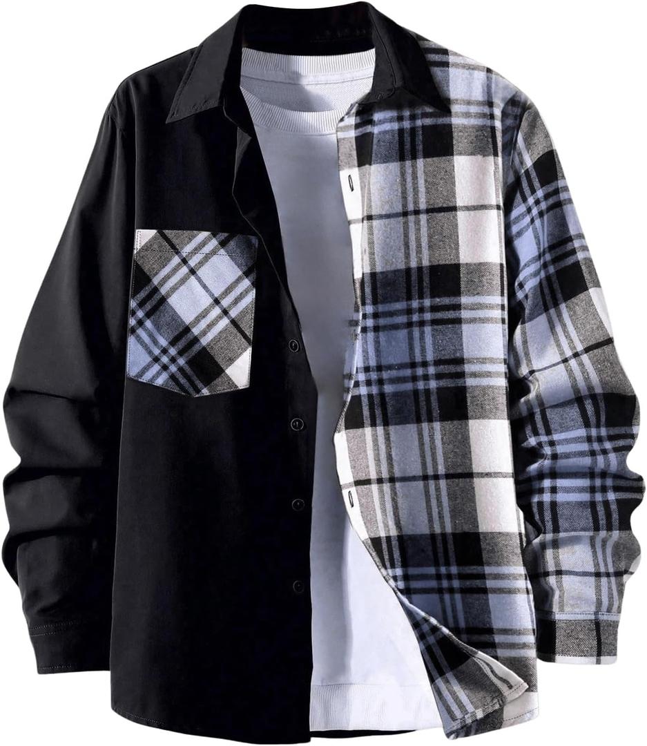 OYOANGLE Men's Colorblock Plaid Print Button Down Long Sleeve Pocket Collared Shirts Top (XX-Large, Black and Blue)