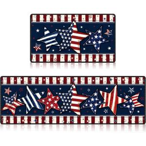 4th of July Patriotic Kitchen Rugs Set of 2, America Stripe Stars Kitchen Mats, Non-Slip Independence Day Carpet Rug for Memorial Day Holiday Indoor Outdoor Home Decorations 17x29 and 17x47 Inch