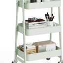 OLIXIS 3 Tier Utility Rolling Cart, Metal Mobile Storage Shelf with Lockable Caster Wheels, Organization for Livingroom, Bathroom, Kitchen, & Narrow Places, Green