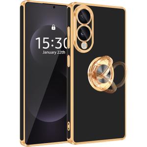 Fingic for Samsung Galaxy S25 Edge Case[with 360Rotatable Ring Holder][Support Magnetic Car Mount] Shiny Plating Gold Slim Thin Soft TPU Rugged Bumper Shockproof Protective Case for Women Men,Black