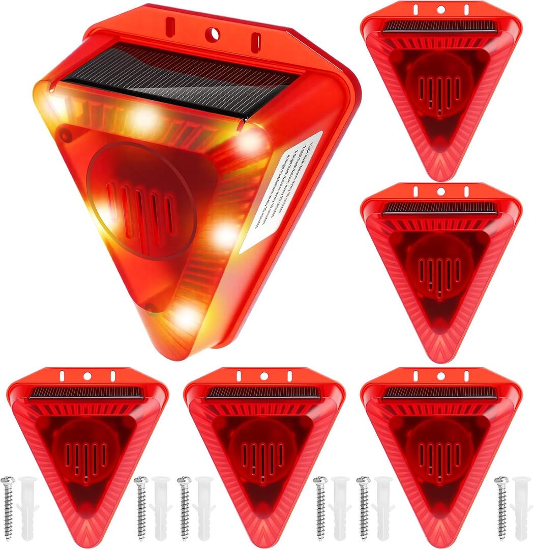 6 Pack Solar Animal Repeller Outdoor Timed Cycle Alarm Deterrent with Red Lights 13 Sounds & 130db Loud Noise Maker 4 Modes Deer Skunk Raccoon Repellent for Farm Orchard Garden (Red), 1 Count