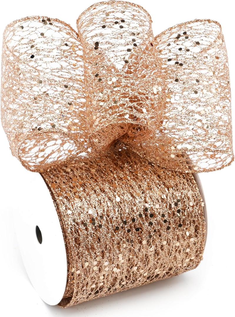 LIZLOVESS Rose Gold Glitter Mesh Wired Ribbon 4" X 10 Yards Webbed Rose Gold Sequin and Glitter Christmas Ribbon for Tree Decoration, Garlands and Swags, Home Decor, Craft Projects, Wreath Supplies