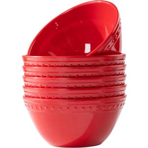 Melamine Beaded Cereal Bowls Set Red, 6 inch, 24oz All purpose/Soup/Salad Bowls Set of 6, Unbreakable Durable, Dishwasher Safe, BPA Free - Perfect for Soups, Salads, Cereal & Entertaining