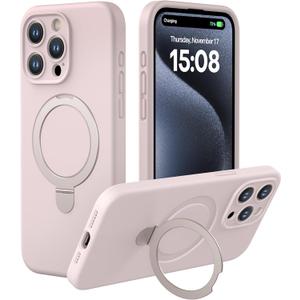 CellEver Strong Magnetic Case for iPhone 15 Pro [for MagSafe Charging] [Camera Protection] Heavy-Duty Protection, Soft Grip Silicone Cover with Kickstand, Chalk Pink