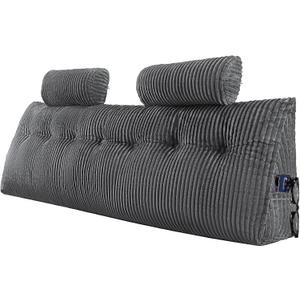 VEVOR Headboard Pillow, King Size Wedge Headboard Pillow with 2 Side Pockets and 2 Headrests, Bed Wedge Pillow with Washable Flannel Cloth, for Reading, Gaming, Resting, Working in Bed, Grey