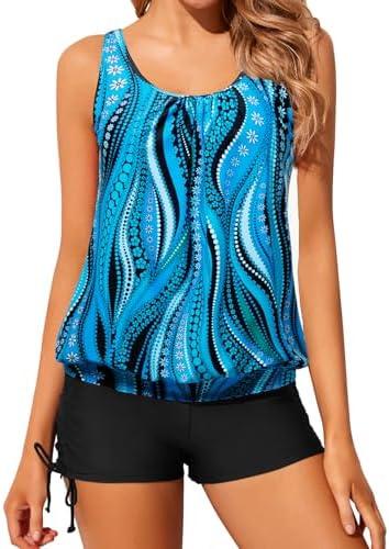 Yonique Blouson Tankini Swimsuits for Women 2 Piece Bathing Suits Tops with Boyshorts Modest Loose Fit Swimwear L