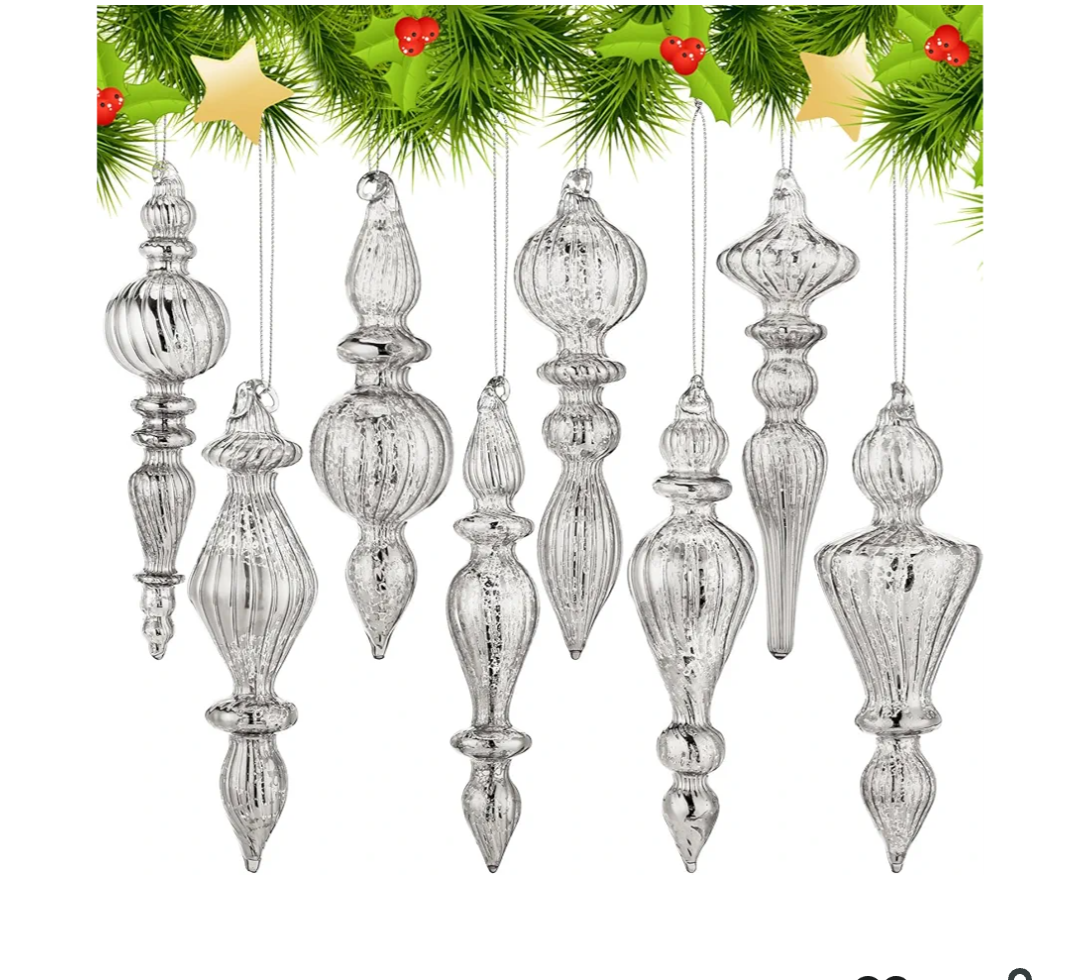 Mifoci 8 Pcs 6 Inch Mercury Glass Finial Christmas Ornaments Hanging Christmas Finials Glass Ornaments Assorted Mercury Decor for Vintage Holiday Xmas Tree Decoration(Silver)