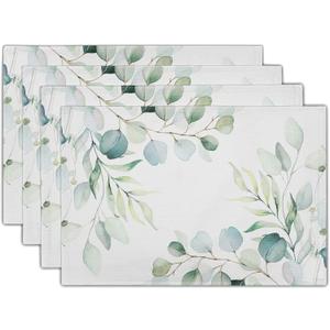Sage Green Placemats Set of 4 Washable Non-Slip Heat Resistant 1218 Inch Spring Watercolor Eucalyptus Leaves Thick Place Mats Decorative Linen Fabric Table Mat for Dining Table Kitchen Home Decor