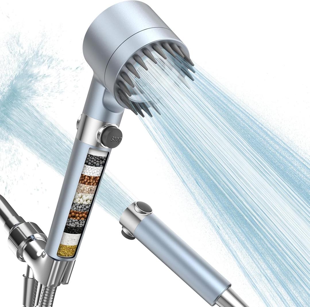 PWERAN Filtered Shower Head with Handheld, High Pressure 3 Spray Mode Showerhead with 18 Stage Water Softener Filters for Hard Water - Handheld Shower Head-Remove Chlorine-BLUE