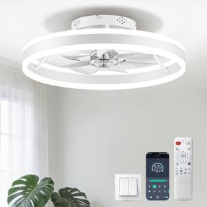 Ceiling Fans with Lights and Remote, 20" Low Profile Flush Mount Ceiling Fan, Pre-Assembled Design, Quiet DC Motor, 6 Wind Speeds, Dimmable 2700-6500K LED Light, Modern Ceiling Fan for Bedroom (White), 20.28 inches x 20.28 inches x 6.69 inches