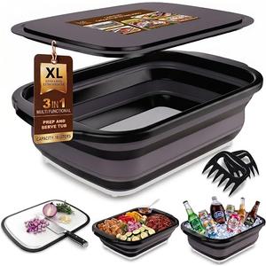 (16L) XL BBQ Prep Tub, Collapsible Meat Prep Tub with Lid, 3-in-1
BBQ Prep Tub with Lid, Meat Prep Tub for Marinating, Meal Prep & Grilling, Built-In Cutting Board, Meat Shredder Claws