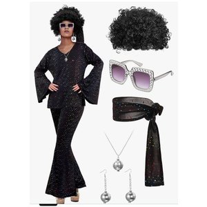 Jexine 70s Women Disco Outfit Costume Disco Party Top Pants Sunglasses Ball Necklace Earring Wig for Halloween New Year Eve, M