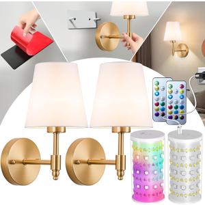 Peel and Stick Wall Sconces, Stick On Wall Sconce Set of 2, Battery Operated Wireless Wall Light, No Drill Adhesive Wall Lamp, Corn Bulb with 10000mAh Rechargeable Battery, Bedroom Wall Decor (11.8inch, Gold)