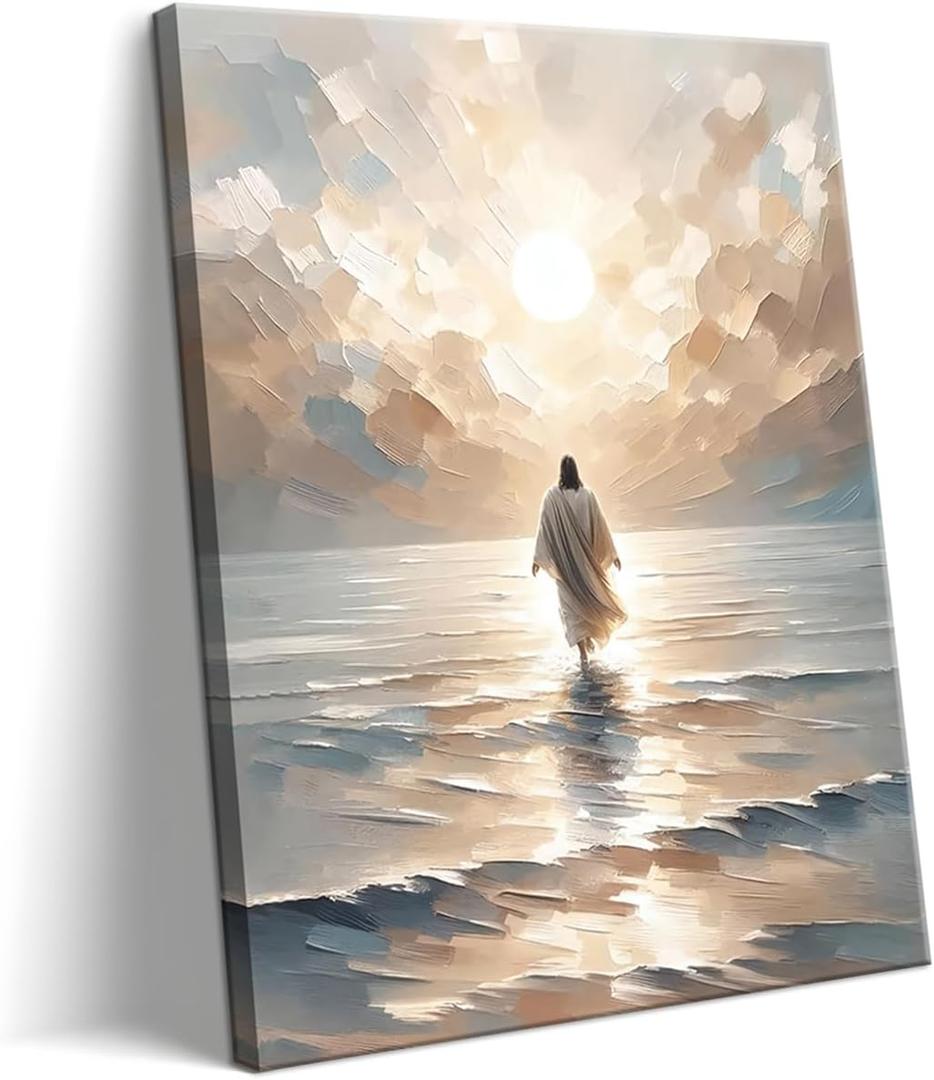 Jesus Walking on Water Canvas Wall Art, Christian Bible Stories Wall Decor Paintings, Jesus Walks on Water on Water Back Posters Prints Pictures for Church Living Room Bedroom 16x24 Inch Framed