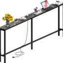 GRLEAF 70" Sofa Table with Built-in Power Strip (2 AC Outlets & 2 USB Ports) 4.9ft Power Cord, Metal Frame, Easy Assembly, Long Couch Table Behind Sofa, Living Room and Home Office | Charcoal Gray