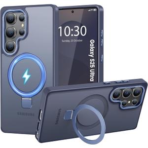 HuwaiH Magnetic Stand for Samsung Galaxy S25 Ultra Case, Military-Grade Protection, Anti-Fingerprint Anti-Scratch Translucent Matte Phone case for Samsung Galaxy S25 Ultra(Dark Blue)