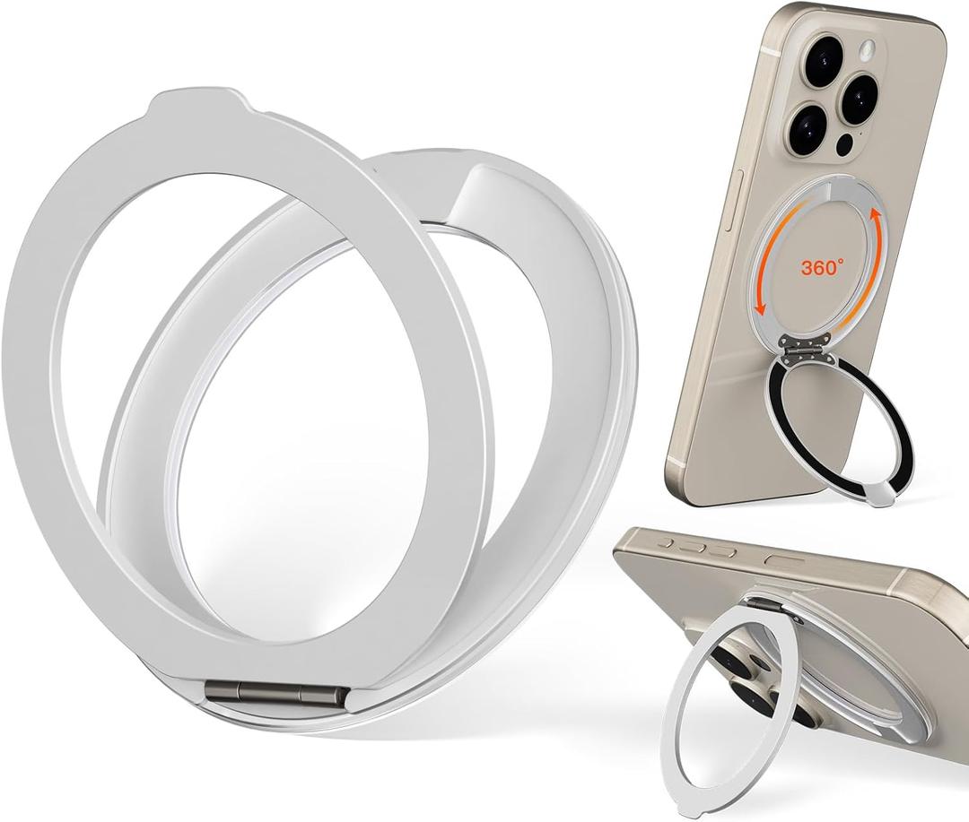 COOLQO Upgraded Magnetic Phone Ring Holder Stand, Super Magnet Cell Phone Grip Finger Kickstand Compatible with MagSafe Mag Safe Accessory for iPhone All Smartphones (1-Silver)