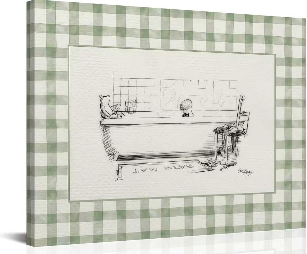 Minimalist Green Stripes Bathroom Framed Canvas Wall Art Bathtub Painting Picture Wall Decor Funny Bathroom Poster Print Artwork for Bedroom Living Room Restroom 16x24 Inch
