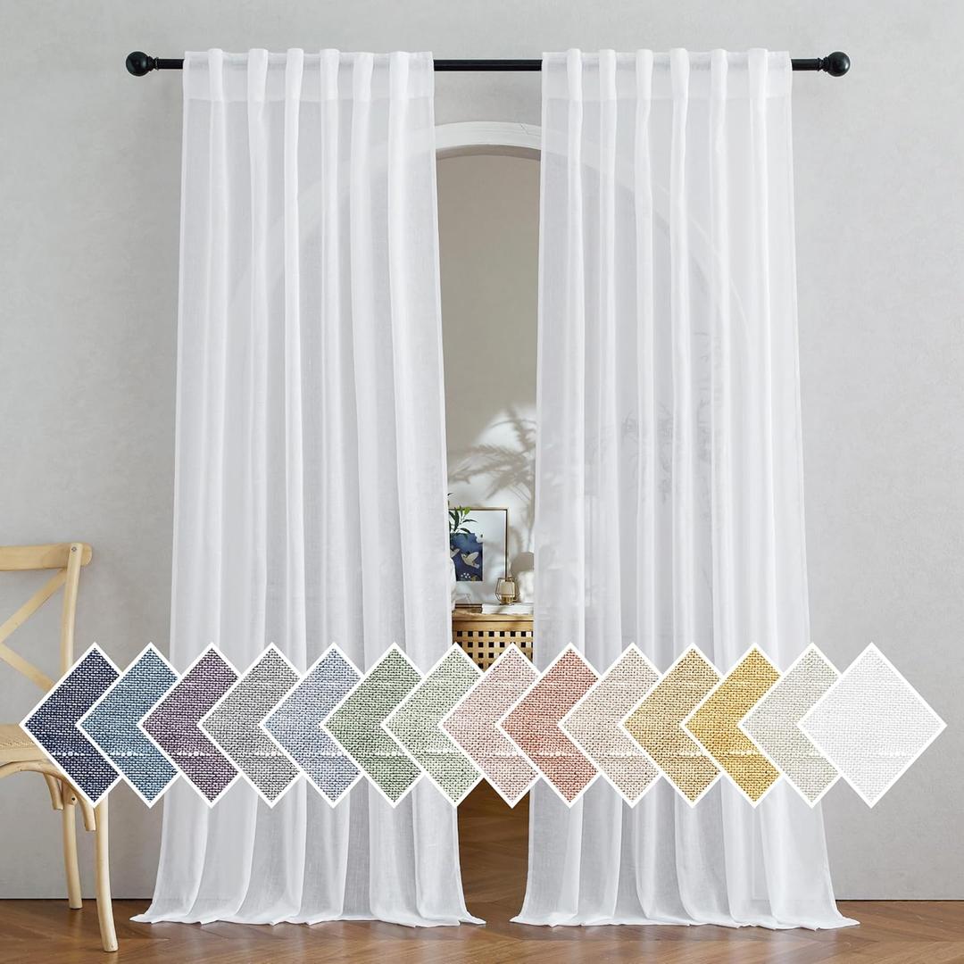 NICETOWN Semi Sheer White Curtains 84 inch Long, Rod Pocket & Back Tab Sheer Linen Curtains & Drapes Balance Privacy & Light Panels for Bedroom/Living Room, W52 x L84, 2 Panels