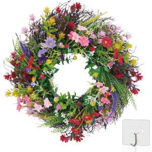 Daisy and Lavender Wildflower Spring and Summer Artificial Spring Wreath Silk Summer for Front Door Home Wall Wedding Festival Farmhouse Holiday Decor (18 inch) (Lavender With Hook)