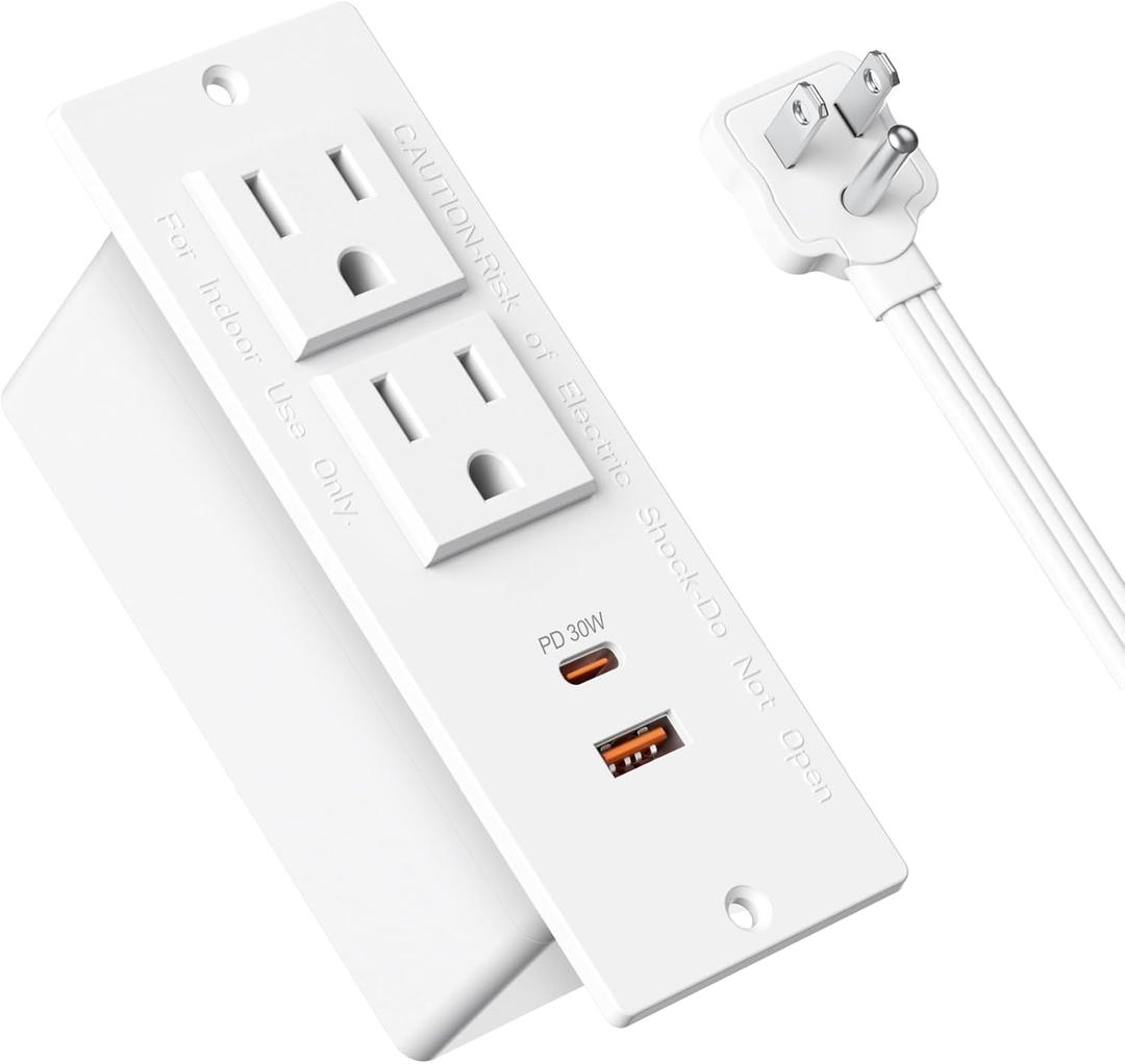 Recessed Power Strip USB C PD 30W Fast Charging,Flush Mount Desk Recessed Outlet,Space-Saver for Furniture Side Table,2 USB Ports,2 AC Outlets,6ft Cord,Ultra Thin Flat Plug,White