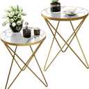 HLR Modern Round Side Table Set of 2, End Table with Marble Effect Top and Gold Metal Frame, Small Side Table for Living Room, Bedroom, Sofa and Couch, Gold Legs, White Marble top, 2-pack