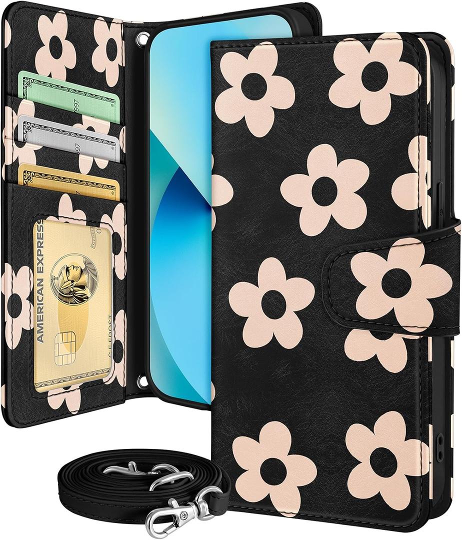 Buleens for iPhone 13 Wallet Case for Women - with Card Holder for iPhone 13 Flip Case Leather Crossbody Cute Aesthetic i Phone 13 Case with Strap Kickstand for Girls Girly, Black Flower