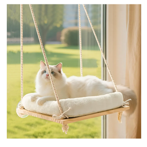 Cat Window Perch, Cat Hammock Bed with Solid Wood Seat 4 Heavy Duty Suction Cups, Plush Cushion, Indoor Pet Window Hammock for Cats for Large Cats