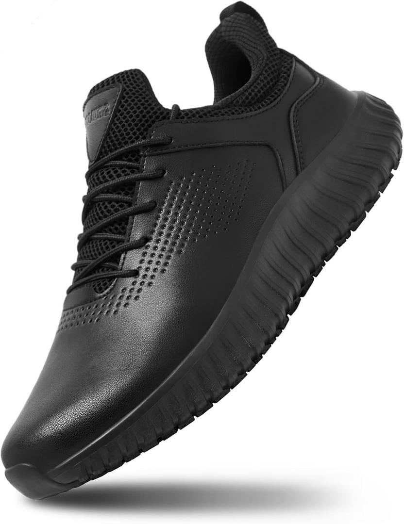 SHULOOK Men's Non Slip Work Shoes Lace Up Slip Resistant Sneakers Waterproof Food Service Kitchen Chef Restaurant Slip On Walking Shoes Lightweight Comfortable Nursing Shoes Working Footwear (10.5, Black)