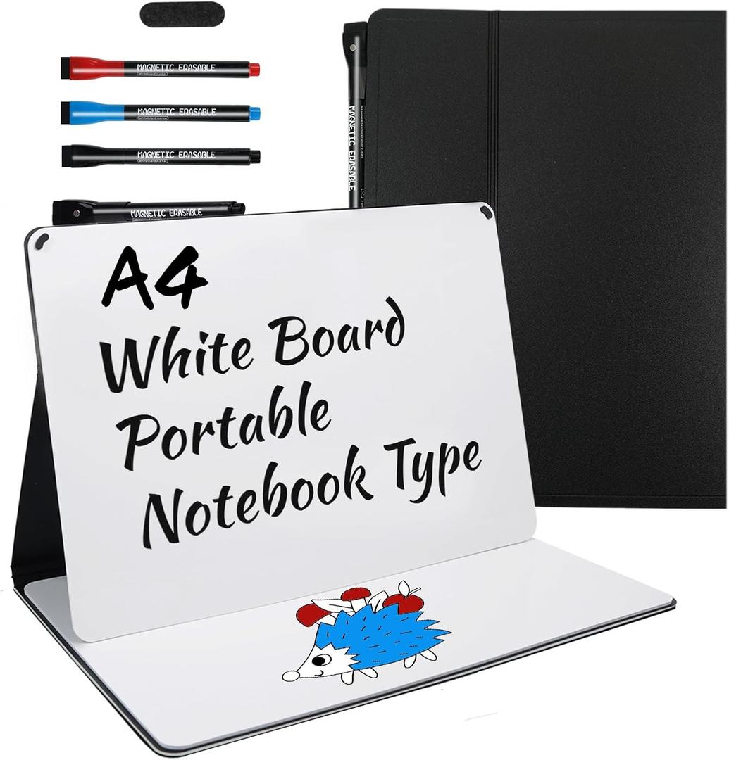 Portable White Board Small Dry Erase Board, 9" x 12" Double Sided Foldable whiteboard with 3 Pens, A4 Reusable Notebook with Storage Mesh Bag for Study, Meeting, Draft, Notes, Doodling (Black)