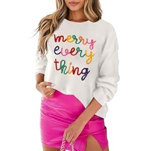 LEMAFER Women's 2025 Christmas Colorful Merry Every Thing Sweater Round Neck Sequin Tinsel Slogan Sweatshirts Long Sleeve Holiday Pullover Tops  (Small)