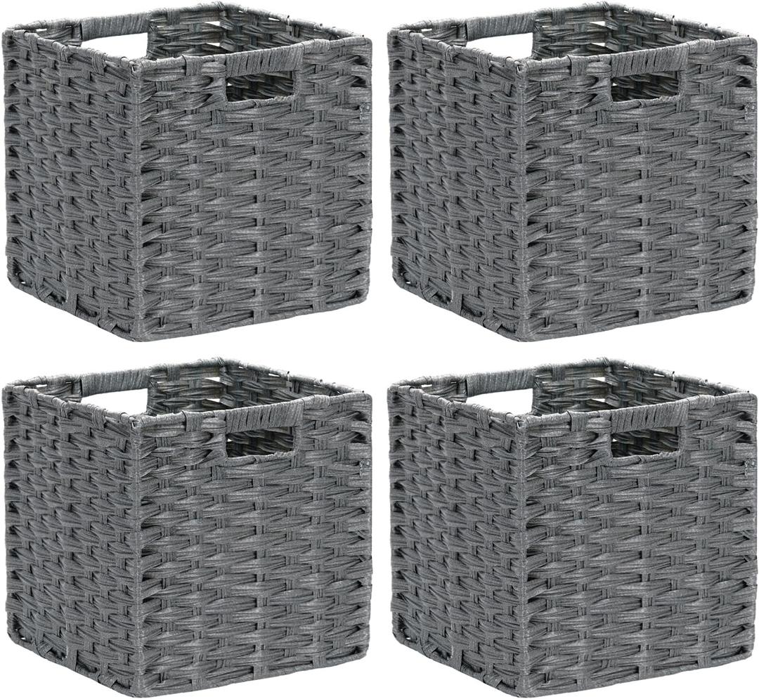 DULLEMELO Wicker Storage Baskets for Shelves, Plastic Woven Cube Storage Bins Set of 4, 11x11x11 inch Foldable Wicker Baskets for Shelves,Closet, Clothes, Toys-Grey