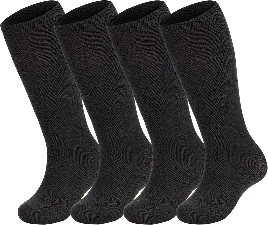 Zando 4 Pairs Kids Soccer Socks Athletic Youth Boys Girls Knee High Socks | Breathable, seamless toe cotton, soccer socks, youth baseball socks, girls knee high socks, school uniform sports. (Black, XXL)