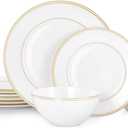 KINGSTONE Bone China Dinnerware Set, 12-Piece Dishes Set for 4, Elegant Gold Trim Ceramic Plates & Bowls, Lightweight Translucent Dishware for Home Dining, Festival Banquet, Party & Gift