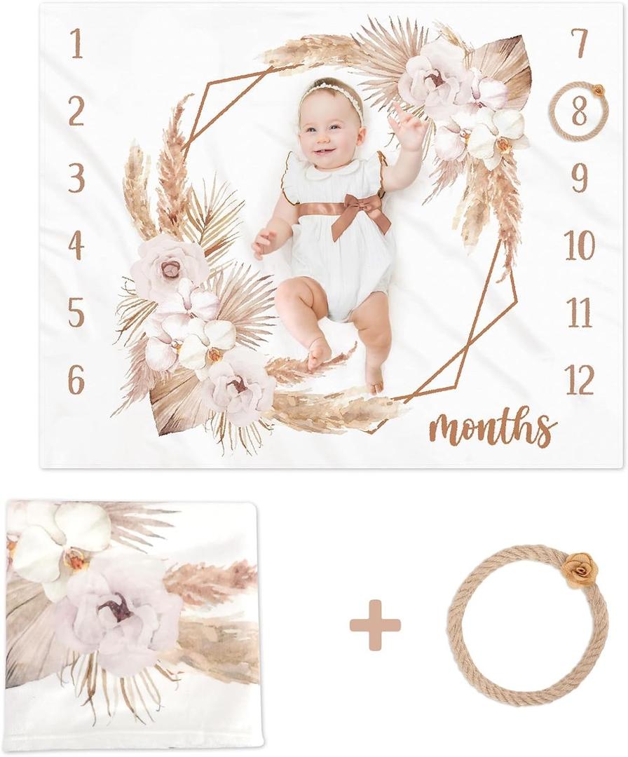 Boho Baby Milestone Monthly Blanket Season Floral Neutral Baby Nursery Growth Gender Reveal Present Photo Props Little Boy Girl Bohemian Blanket Expecting Mom Gift Idea