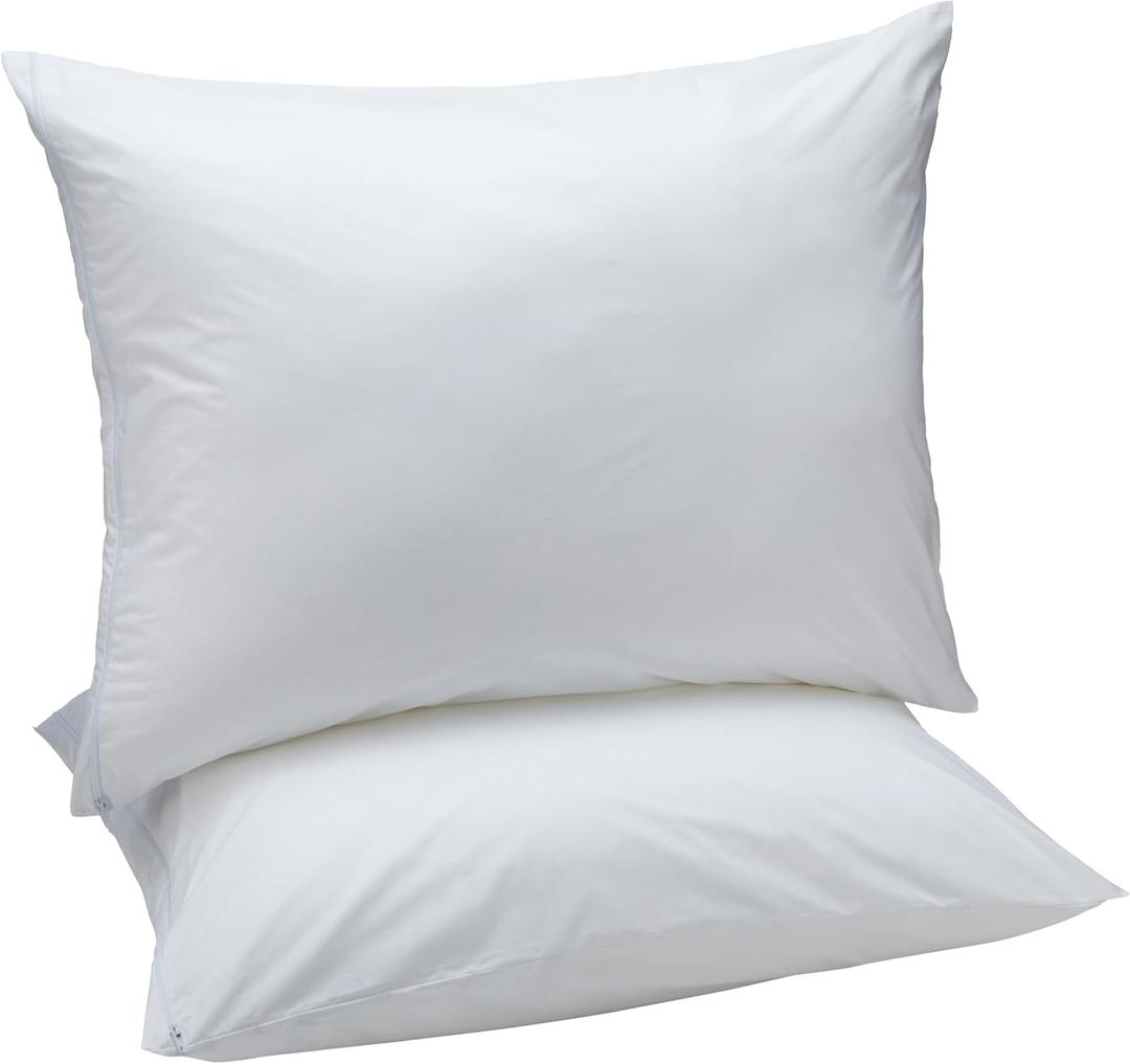 Amazon Basics Down Alternative Bed Pillows and Pillow Protector Case Set, Medium Density, Standard Size 26" x 20", Hypoallergenic, Microfiber, Washable, White, 2-Pack