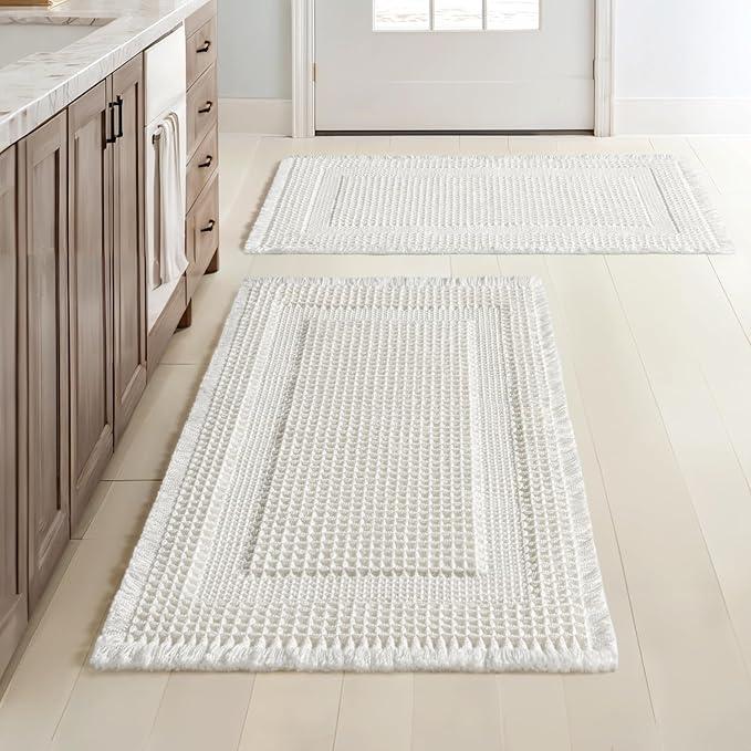 MIULEE Set of 2 Waffle Bathroom Rugs, Boho Bath Rug Super Absorbent, Non Slip Washable Ultra Soft Rubber Backed Shower Bath Mats for Floor, Tub, Shower, Looped Design, White, 17"x24"+18"x30"
