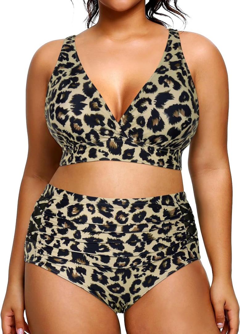 Yonique Womens Plus Size Bikini High Waisted Swimsuits Two Piece Bathing Suits Tummy Control Swimwear (Leopard 01, 16Plus)