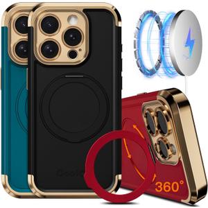 COOLQO for iPhone 14 Pro Max Case 6.7'' Upgraded 360 Spin Magnetic Stand [Compatible with Magsafe][Military Protection] Shockproof Protective Phone Holder Cover for iPhone 14 Pro Max, Black Gold