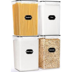 4 Pack Extra Large Airtight Food Storage Containers with Lids (6.5L / 220 oz), BPA Free Plastic Kitchen and Pantry Organization Contianers for Cereal Flour and Sugar Storage, Labels & Marker